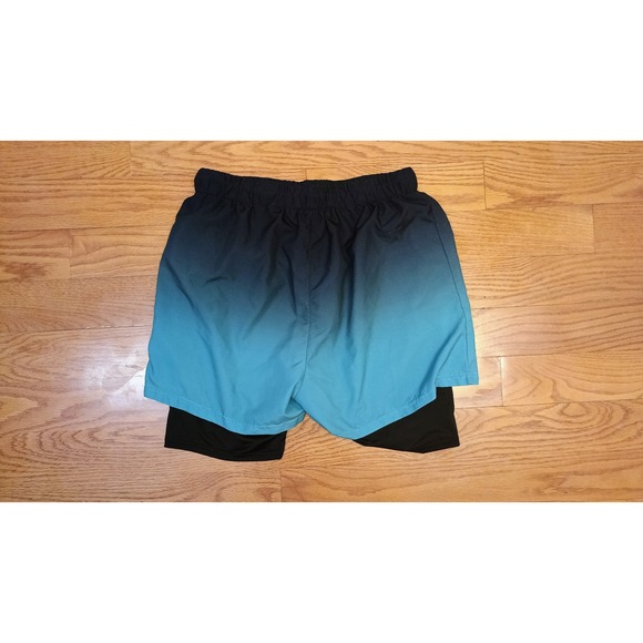 Mens Athletic Shorts Gradient Blue Black Ombre Built In Liner Gym Workout M - Picture 2 of 4